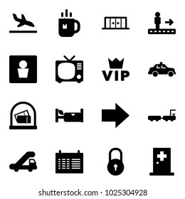 Solid vector icon set - arrival vector, tea, automatic doors, travolator, male wc, tv, vip, safety car, hotel, right arrow, baggage truck, trap, schedule, lock, first aid room