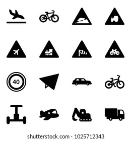 Solid vector icon set - arrival vector, bike, climb road sign, tractor way, airport, railway intersection, side wind, for moto, speed limit 40, paper fly, limousine, gyroscope, plane toy, excavator