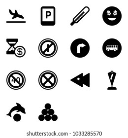 Solid vector icon set - arrival vector, parking sign, thermometer, dollar smile, account history, no parkin odd, only right road, bus, end minimal speed limit, stop, fast backward, pennant, dolphin