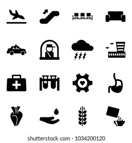 Solid vector icon set - arrival vector, escalator up, waiting area, vip, safety car, officer window, storm, airport building, doctor bag, vial, heart gear, stomach, drop hand, spica, cereal