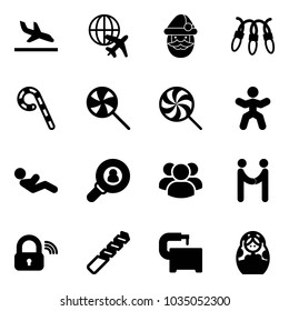 Solid vector icon set - arrival vector, plane globe, santa claus, garland, lollipop, gymnastics, abdominal muscles, head hunter, group, agreement, wireless lock, drill, machine tool, russian doll