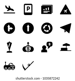 Solid vector icon set - arrival vector, parking sign, statistics report, airport road, only forward right, circle, paper fly, pennant, dollar growth, money dialog, inflatable pool, moon rover