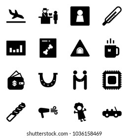 Solid vector icon set - arrival vector, passport control, female wc, thermometer, statistics, x ray, tunnel road sign, green tea, finance management, luck, agreement, cpu, drill, dryer, doll