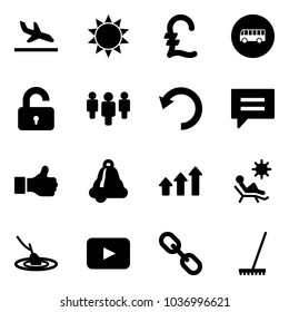 Solid vector icon set - arrival vector, sun, pound, bus road sign, unlocked, group, undo, chat, like, bell, arrows up, beach, fishing, playback, link, rake