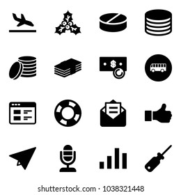 Solid vector icon set - arrival vector, holly, pill, coin, dollar, cash, bus road sign, website, lifebuoy, opened mail, like, paper plane, microphone, chart, screwdriver