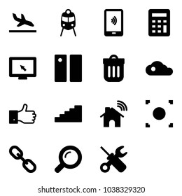 Solid vector icon set - arrival vector, train, mobile payment, calculator, monitor cursor, pause, trash bin, cloud, finger up, stairs, wireless home, record button, link, magnifier