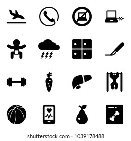 Solid vector icon set - arrival vector, phone, no computer sign, notebook connect, baby, storm, baggage room, scalpel, barbell, carrot, liver, pull ups, basketball ball, mobile heart monitor, pear