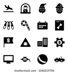 Solid vector icon set - arrival vector, officer window, santa claus, garland, lollipop, schedule, x ray, dollar flag, tunnel road sign, building, money managemet, monitor, jack, ball, toy car