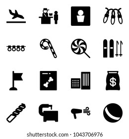 Solid vector icon set - arrival vector, passport control, male wc, garland, lollipop, ski, flag, x ray, building, money bag, drill, machine tool, dryer, ball