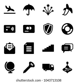 Solid vector icon set - arrival vector, insurance, firework, banana, tap pay, credit card, shield, lifebuoy, opened mail, document, stairs, dialog, globe, screw, truck toy, wirligig