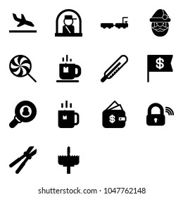 Solid vector icon set - arrival vector, officer window, baggage truck, santa claus, lollipop, tea, thermometer, dollar flag, head hunter, green, finance management, wireless lock, bolt cutter