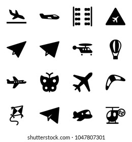 Solid vector icon set - arrival vector, small plane, seats, airport road sign, paper, fly, helicopter, air balloon, butterfly, boomerang, kite, toy
