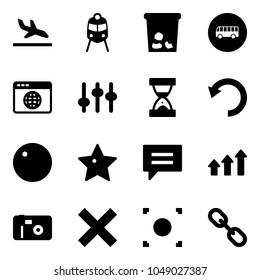 Solid vector icon set - arrival vector, train, trash, bus road sign, browser globe, settings, sand clock, undo, record, star, chat, arrows up, photo, delete, button, link