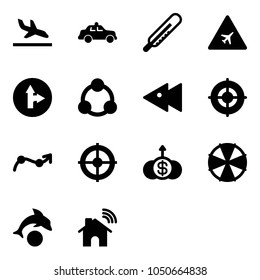 Solid vector icon set - arrival vector, safety car, thermometer, airport road sign, only forward right, social, fast backward, target, chart point arrow, dollar growth, parasol, dolphin