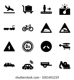 Solid vector icon set - arrival vector, baggage, travolator, terrorism, truck, bike, climb road sign, embankment, intersection, limited height, detour, helicopter, limousine, car wireless, trailer