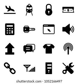 Solid vector icon set - arrival vector, train, lock, cash, calculator, key, cursor browser, volume medium, uplooad, dialog, t shirt, antenna, link, fine signal, server, wrench screwdriver