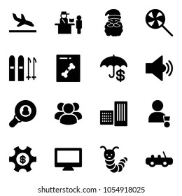 Solid vector icon set - arrival vector, passport control, santa claus, lollipop, ski, x ray, insurance, volume medium, head hunter, group, building, winner, money managemet, monitor, toy caterpillar