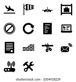 Solid vector icon set - arrival vector, side wind, plane, baggage room, no parking road sign, reload, document, statistics monitor, agreement, brick wall, opening, wireless mail, wi fi router