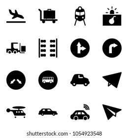 Solid vector icon set - arrival vector, baggage, train, terrorism, fork loader, plane seats, only forward right road sign, detour, bus, car, paper fly, helicopter, limousine, wireless