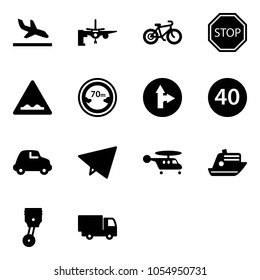 Solid vector icon set - arrival vector, boarding passengers, bike, stop road sign, rough, limited distance, only forward right, minimal speed limit, car, paper fly, helicopter, cruiser, piston