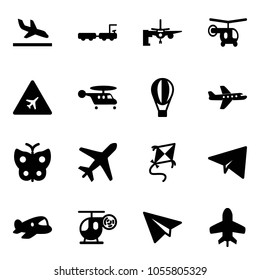 Solid vector icon set - arrival vector, baggage truck, boarding passengers, helicopter, airport road sign, air balloon, plane, butterfly, kite, paper, toy