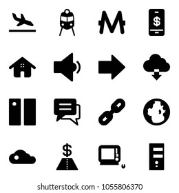 Solid vector icon set - arrival vector, train, monero, mobile payment, home, low volume, right arrow, download cloud, pause, chat, link, globe, dollar, monoblock pc, server