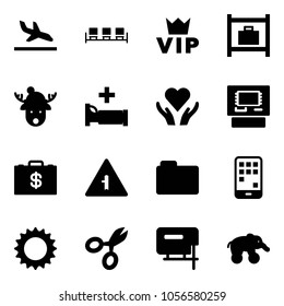 Solid vector icon set - arrival vector, waiting area, vip, baggage room, christmas deer hat, hospital bed, heart care, atm, money case, intersection road sign, folder, mobile, sun, scissors, jig saw