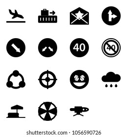 Solid vector icon set - arrival vector, baggage, star letter, only forward right road sign, detour, minimal speed limit, end, social, target, money smile, rain cloud, inflatable pool, parasol