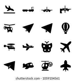 Solid vector icon set - arrival vector, baggage truck, plane, boarding passengers, helicopter, paper, fly, air balloon, butterfly, toy