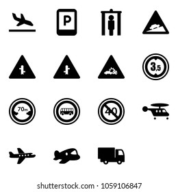 Solid vector icon set - arrival vector, parking sign, metal detector gate, climb road, intersection, car crash, limited height, distance, no bus, end minimal speed limit, helicopter, plane, toy