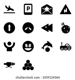 Solid vector icon set - arrival vector, parking sign, star letter, abrupt turn right road, only forward, detour, fast backward, moon flag, success, money smile, dolphin, rover, pipe welding