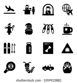 Solid vector icon set - arrival vector, passport control, officer window, plane globe, santa claus, garland, tea, ski, vial, x ray, tunnel road sign, search money, toy caterpillar, car, russian doll