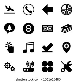 Solid vector icon set - arrival vector, phone, left arrow, radar, merry christmas message, dollar coin, hand touch, music, check, atm map pin, gear, wi fi router, atom core, wrench screwdriver