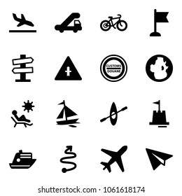 Solid vector icon set - arrival vector, trap truck, bike, flag, road signpost sign, intersection, customs, globe, beach, sail boat, kayak, sand castle, cruiser, trip, plane, paper