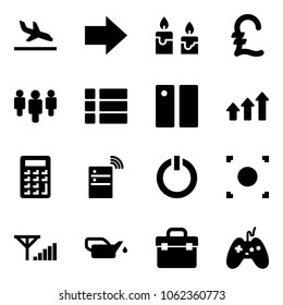 Solid vector icon set - arrival vector, right arrow, candle, pound, group, menu, pause, arrows up, calculator, server wireless, standby button, record, fine signal, oiler, tool box, joystick