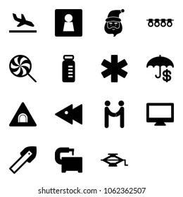 Solid vector icon set - arrival vector, female wc, santa claus, garland, lollipop, vial, ambulance star, insurance, tunnel road sign, fast backward, agreement, monitor, tile drill, machine tool