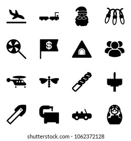 Solid vector icon set - arrival vector, baggage truck, santa claus, garland, lollipop, dollar flag, tunnel road sign, group, helicopter, dragonfly, drill, crown, tile, machine tool, toy car