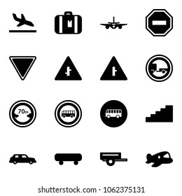Solid vector icon set - arrival vector, suitcase, plane, no way road sign, giving, intersection, trailer, limited distance, bus, stairs, limousine, skateboard, toy