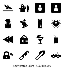 Solid vector icon set - arrival vector, passport control, male wc, female, santa claus, bell, vial, dollar sun, fast backward, finance management, drink, wireless lock, drill, tile, toy car