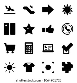 Solid vector icon set - arrival vector, escalator down, right arrow, sun, pause, star, like, phone horn, cart, calculator, statistics monitor, check, t shirt, record button, puzzle