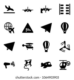 Solid vector icon set - arrival vector, plane, boarding passengers, seats, globe, side wind road sign, paper fly, air balloon, helicopter, mill, dryer, kite, toy