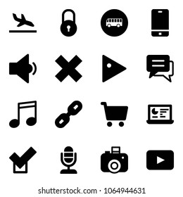 Solid vector icon set - arrival vector, lock, bus road sign, phone, low volume, delete cross, play, chat, music, link, cart, statistics monitor, check, microphone, camera, playback