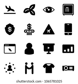 Solid vector icon set - arrival vector, three leafs, eye, safe, bank, airport road sign, phone, cursor browser, user, presentation board, statistics, star man, agreement, t shirt, projector
