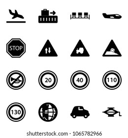 Solid vector icon set - arrival vector, baggage, waiting area, small plane, stop road sign, oncoming traffic, tractor way, steep roadside, no horn, speed limit 20, 40, 110, 130, globe, car, jack