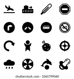 Solid vector icon set - arrival vector, baggage, thermometer, no way road sign, only right, detour, bus, end minimal speed limit, redo, success, moon flag, target, rain cloud, parasol, dolphin