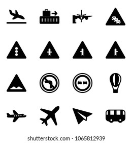 Solid vector icon set - arrival vector, baggage, boarding passengers, multi lane traffic road sign, light, intersection, rough, no left turn, overtake, air balloon, plane, paper, toy bus