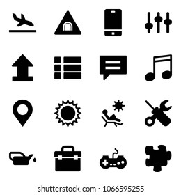 Solid vector icon set - arrival vector, tunnel road sign, phone, settings, uplooad, menu, chat, music, map pin, sun, beach, wrench screwdriver, oiler, tool box, gamepad, puzzle