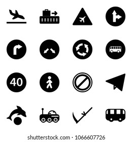 Solid vector icon set - arrival vector, baggage, airport road sign, only forward right, detour, circle, bus, minimal speed limit, pedestrian way, no parking, paper fly, dolphin, moon rover, scythe