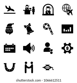 Solid vector icon set - arrival vector, passport control, officer window, plane globe, santa claus, bell, lollipop, statistics, schedule, volume medium, winner, money managemet, luck, agreement