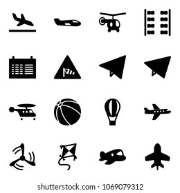 Solid vector icon set - arrival vector, small plane, helicopter, seats, schedule, side wind road sign, paper fly, ball, air balloon, mill, kite, toy